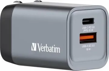 Karikues muri Verbatim GaN 35W 32200, USB-C PD 3.0 + USB-A QC 3.0, set me priza EU/UK, argjendtë