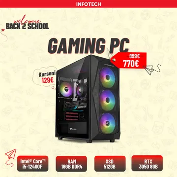 Gaming PC - Kasë Kompjuteri PC AeroCool Geh Midi Falcon-G v2 ,Intel® Core™ i5-12400F , 16GB RAM DDR4, 512GB nVME SSD, RTX 3050 8GB INNO3D