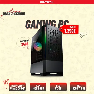 Gaming PC - Kasë Kompjuteri PC COUGAR Gehause Midi-Tower MX430, Intel® Core™ Ultra 7 265KF , 16GB RAM DDR5, 512GB nVME SSD, RTX 5060 Ti 8GB MSI Ventus 2X