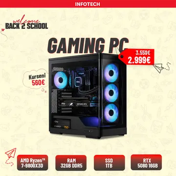 Gaming PC - Kasë Kompjuteri PC AeroCool Case Midi P500A Black, AMD Ryzen 7-9800X3D , 32GB RAM DDR5, 1TB nVME SSD, RTX 5080 16GB Inno3D X3