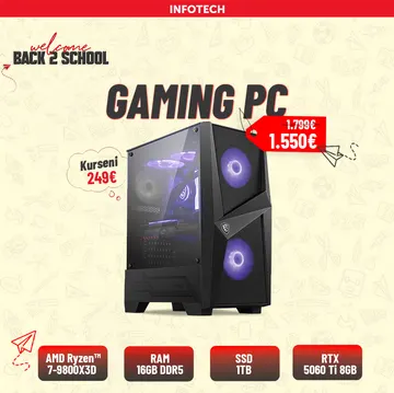 Gaming PC - Kasë Kompjuteri PC MSI Geh MAG Forge 100M, AMD Ryzen 7-9800X3D , 16GB RAM DDR5, 1TB nVME SSD, RTX 5060 Ti 8GB MSI Ventus 2X