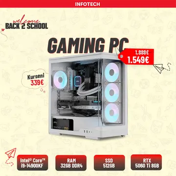 Gaming PC - Kasë Kompjuteri PC AeroCool Case Midi P500A White, Intel® Core™ i9-14900KF, 32GB RAM DDR4, 512GB nVME SSD, RTX 5060 Ti 8GB MSI Ventus 2X