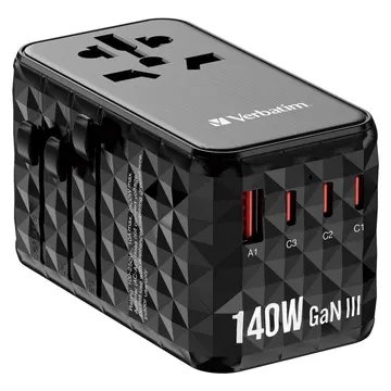 Adapter universal për udhëtim Verbatim GaN III 140W UTA-10 3xUSB-C & 1xUSB-A - Zezë